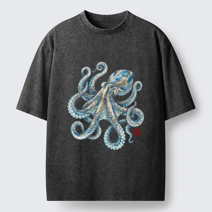 Tokyo-Tiger Ocean Octopus Art Washed T-Shirt