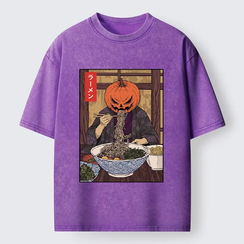 Tokyo‑Tiger Pumpkin Ramen Meme Washed T‑Shirt
