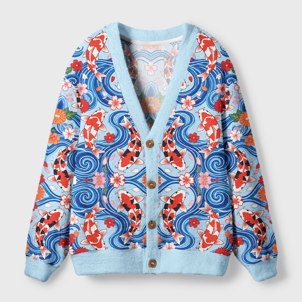 Tokyo-Tiger Dancing Koi In Blue Waves Ugly Cardigan Sweater