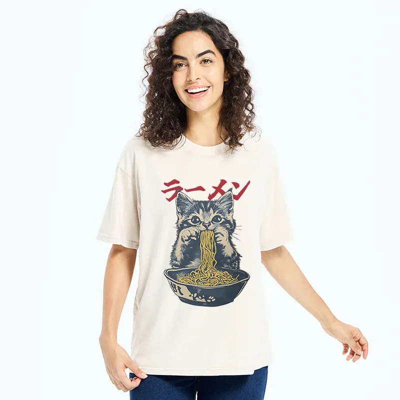 Tokyo-Tiger Cute Cat Is Eating Ramen Washed T-Shirt