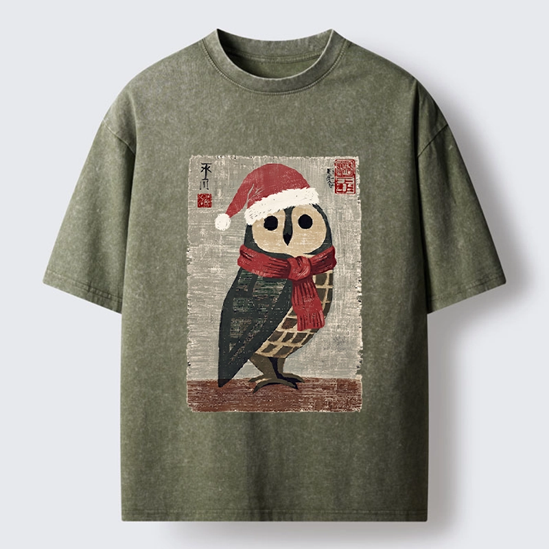 Tokyo-Tiger Christmas Owl Santa Hat Washed T-Shirt