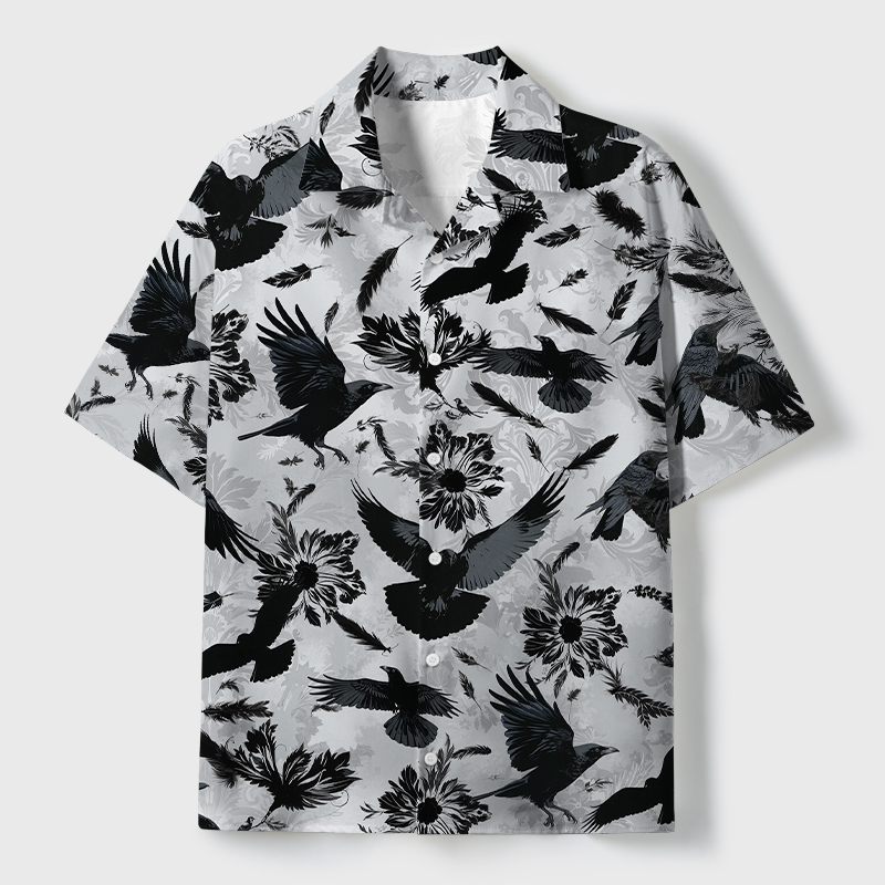 Tokyo-Tiger Crows Amongst Blossoms Cuban Collar Shirt