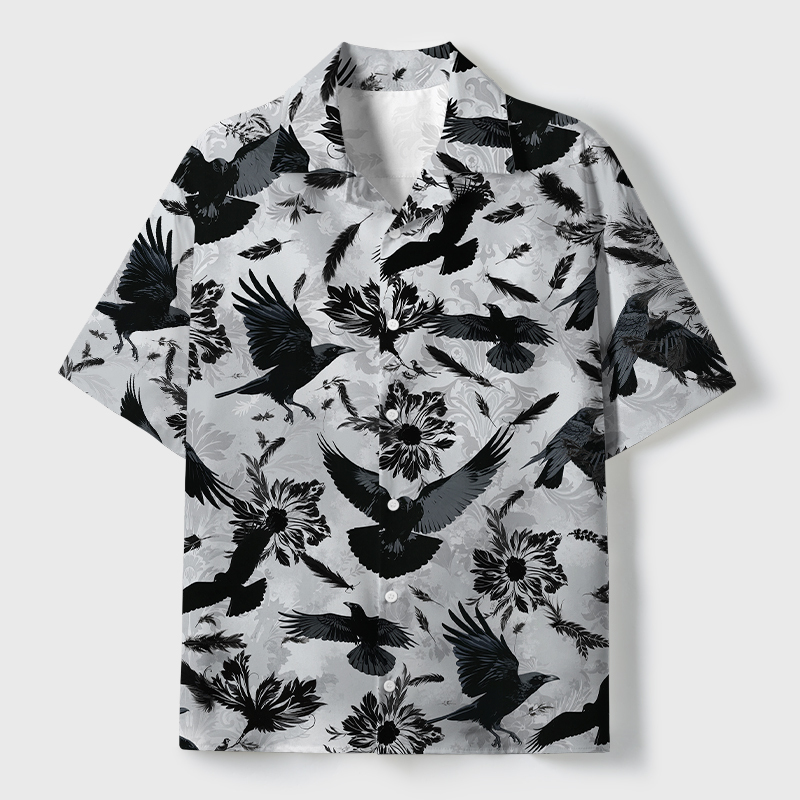Tokyo-Tiger Crows Amongst Blossoms Cuban Collar Shirt
