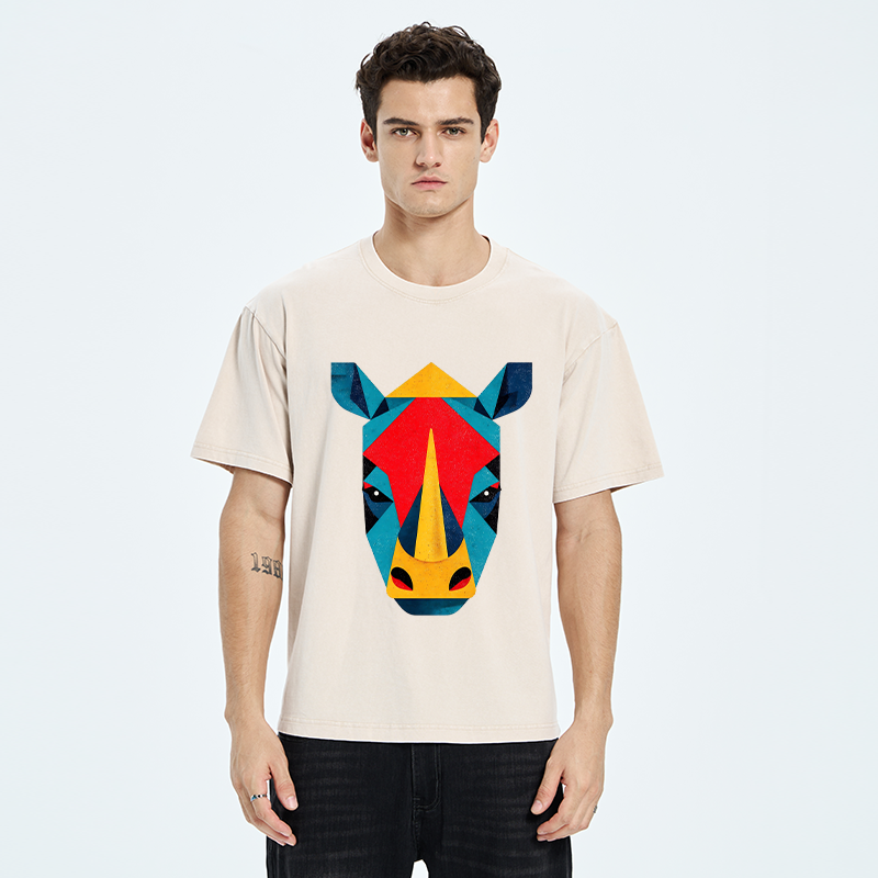 Tokyo-Tiger Geometric Rhino Art Washed T-Shirt