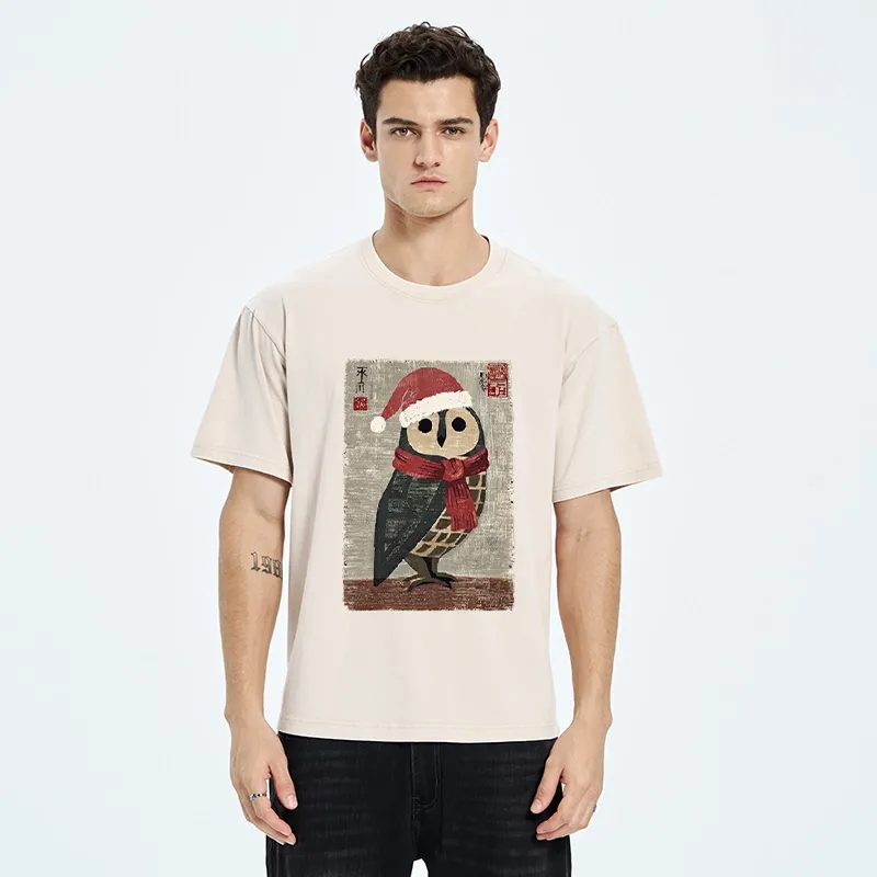 Tokyo-Tiger Christmas Owl Santa Hat Washed T-Shirt