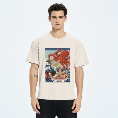 Tokyo-Tiger Octopus Eating Ramen Ukiyo Art Washed T-Shirt