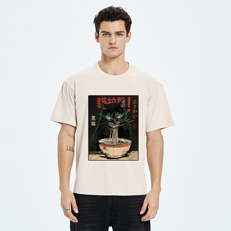 Tokyo‑Tiger Black Cat Ramen Feast Washed T‑Shirt