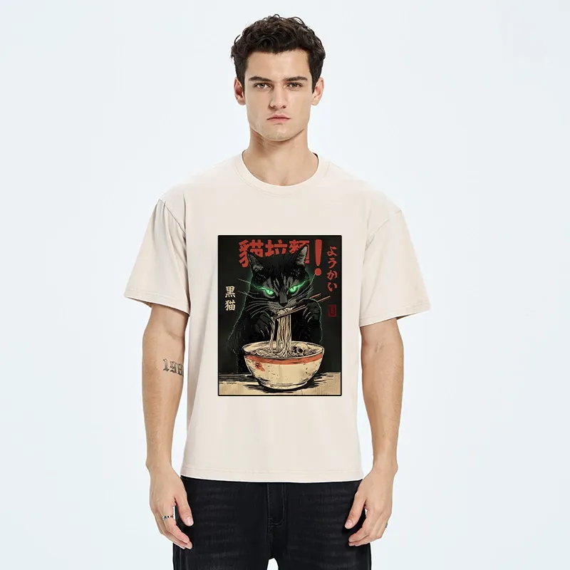 Tokyo‑Tiger Black Cat Ramen Feast Washed T‑Shirt
