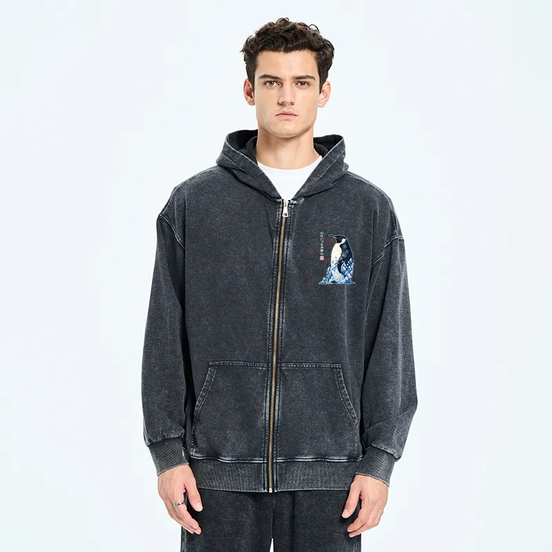 Tokyo-Tiger Keep Calm Penguin Washed Zip Hoodie