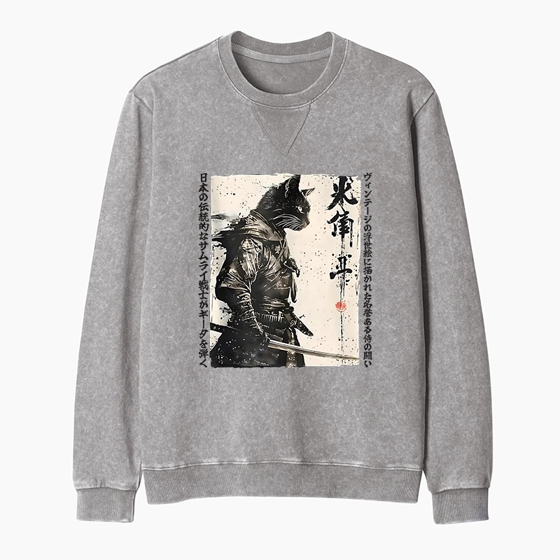 Tokyo-Tiger Cat Samurai Retro Washed Terry Sweatshirt