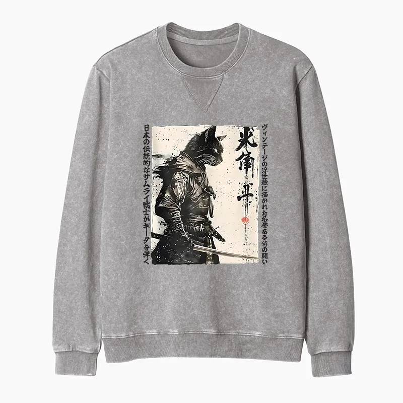 Tokyo-Tiger Cat Samurai Retro Washed Terry Sweatshirt