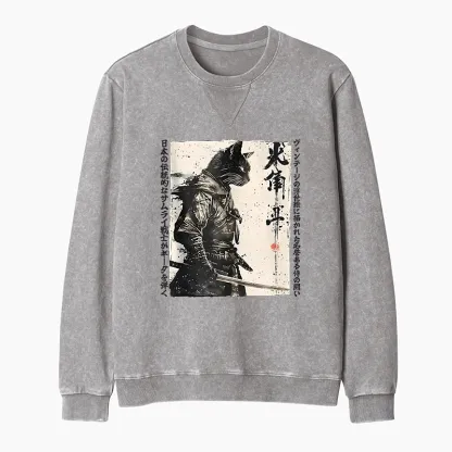 Tokyo-Tiger Cat Samurai Retro Washed Terry Sweatshirt