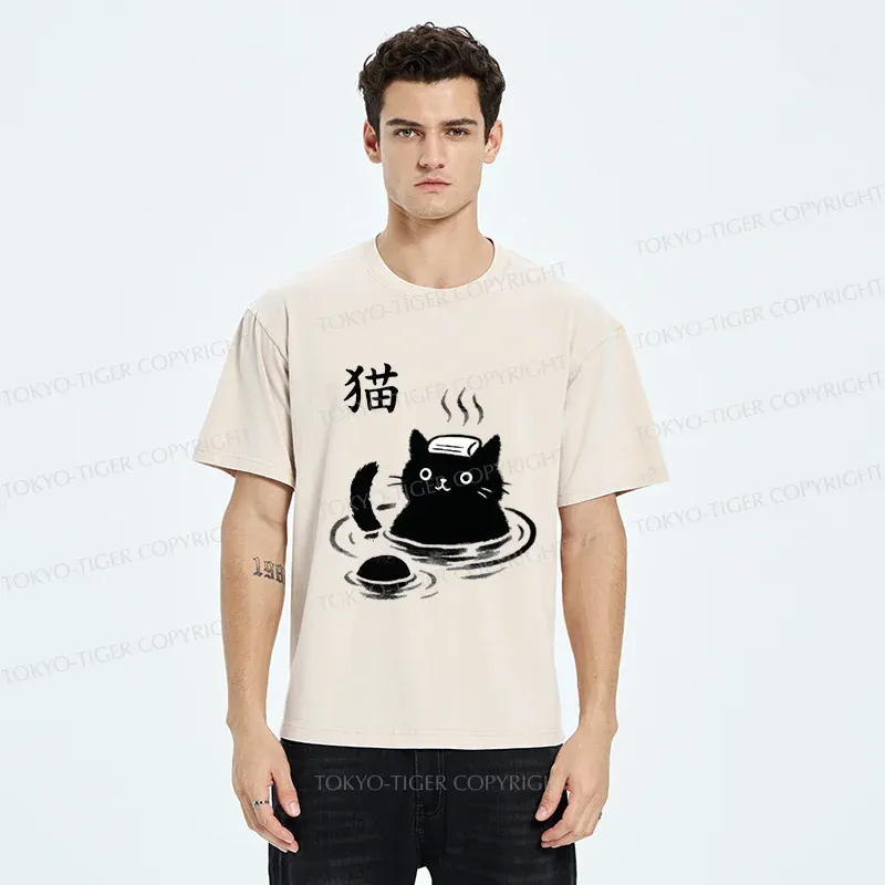 Tokyo-Tiger Cat Bathing In Hot Spring Washed T-Shirt