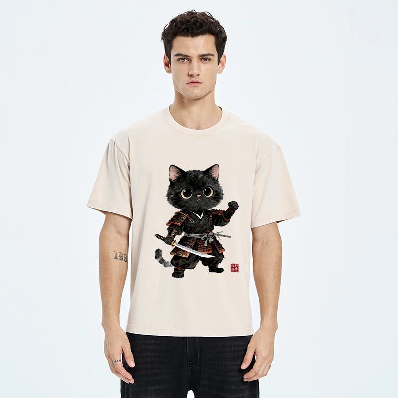 Tokyo-Tiger Samurai Black Cat With Katana Cute Art Washed T-Shirt