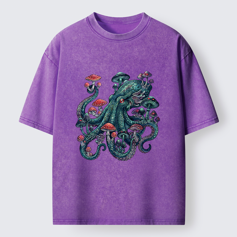 Tokyo-Tiger Octopus Covered In Mushrooms Washed T-Shirt