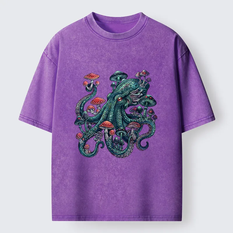 Tokyo-Tiger Octopus Covered In Mushrooms Washed T-Shirt