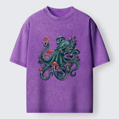 Tokyo-Tiger Octopus Covered In Mushrooms Washed T-Shirt