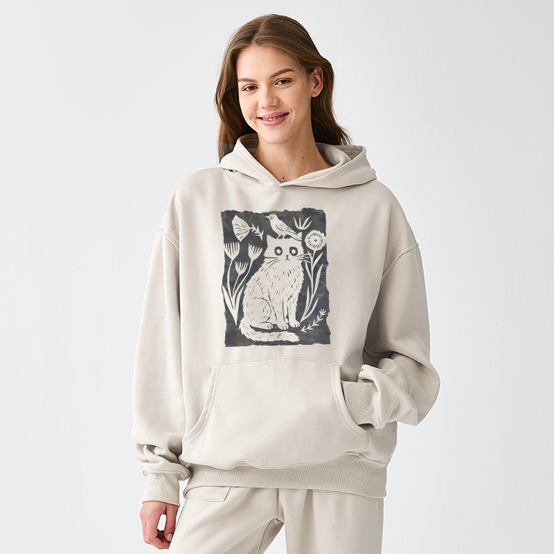 Tokyo-Tiger Folk Paper Cut Cat Bird Floral Art Adult Fleece Hoodie