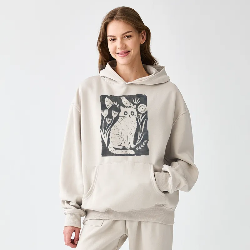 Tokyo-Tiger Folk Paper Cut Cat Bird Floral Art Adult Fleece Hoodie