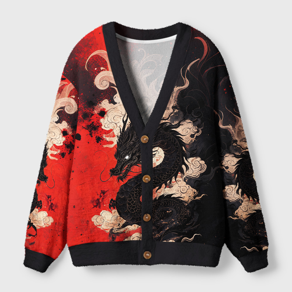 Tokyo-Tiger Obsidian Dragon Crimson Sky Ugly Cardigan Sweater