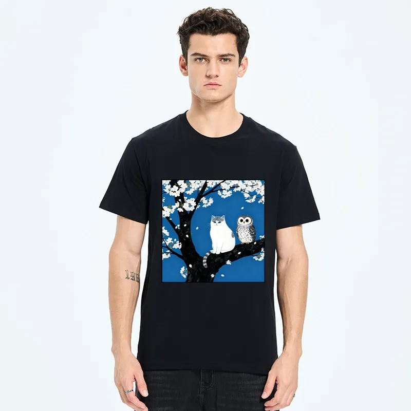 Tokyo-Tiger Cat And Owl Under Sakura Classic T-Shirt