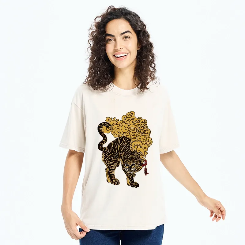 Tokyo-Tiger Black And Gold Tiger With Clouds Washed T-Shirt