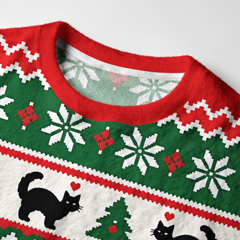 Tokyo-Tiger Black Cat Playing With Christmas Bauble Fuzzy Christmas Ugly Sweatshirt