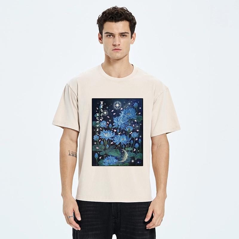 Tokyo-Tiger Night Lotus Star Soft Zen Graphic Washed T-Shirt