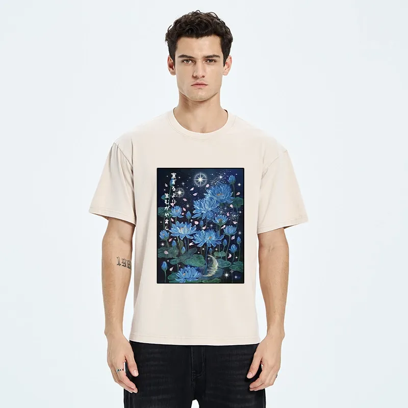 Tokyo-Tiger Night Lotus Star Soft Zen Graphic Washed T-Shirt