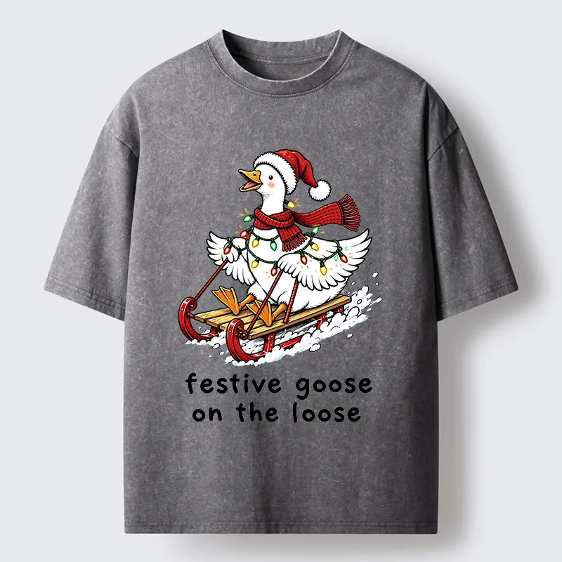 Tokyo-Tiger Funny Christmas Lights Goose Meme Washed T-Shirt