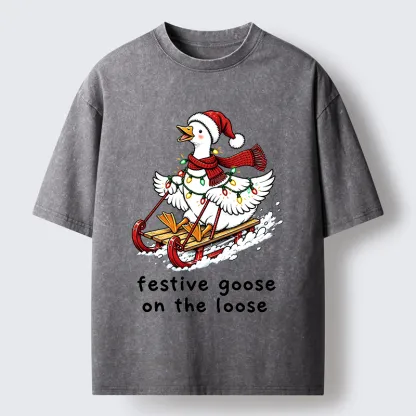 Tokyo-Tiger Funny Christmas Lights Goose Meme Washed T-Shirt