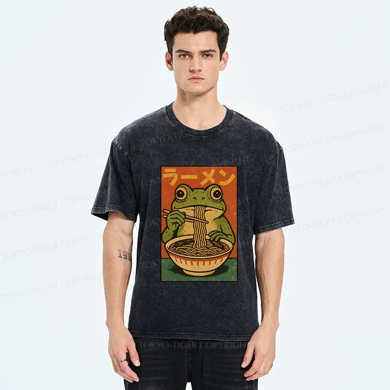 Tokyo-Tiger Frog Eating Ramen Retro Washed T-Shirt
