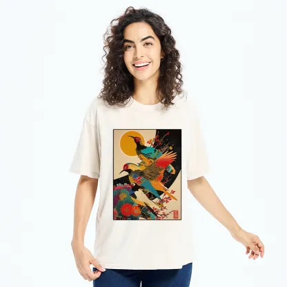 Tokyo-Tiger Sunrise Pheasants Blossom Oriental Art Design Washed T-Shirt
