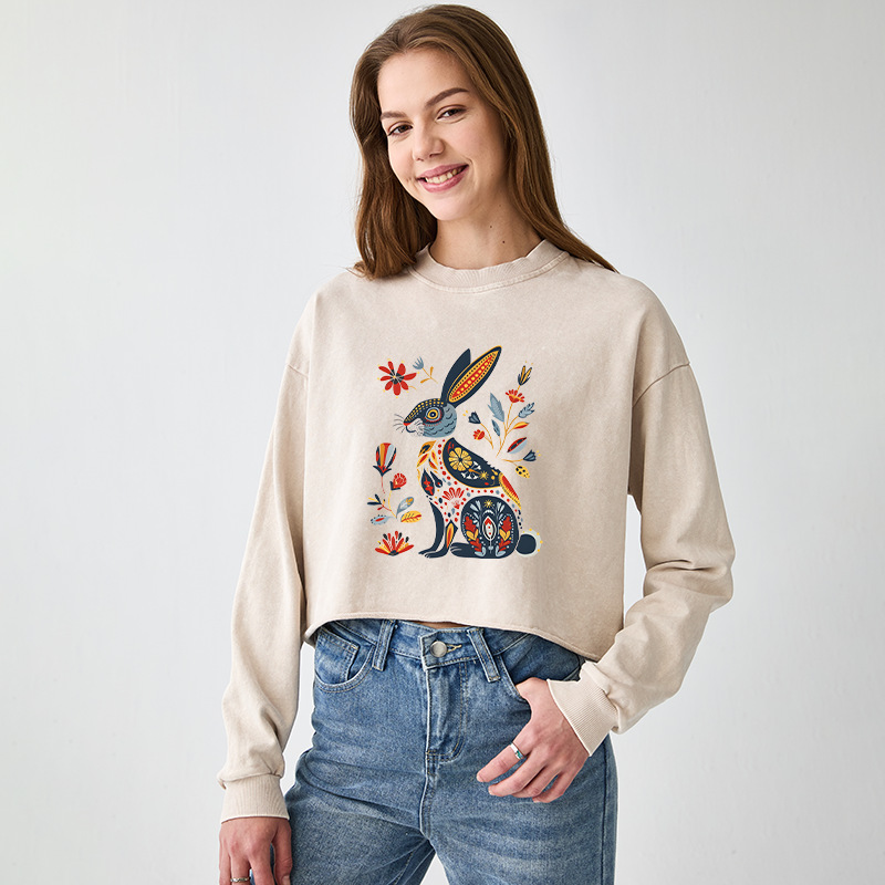 Tokyo-Tiger Folk Hare Bloom Washed Crop Sweatshirt