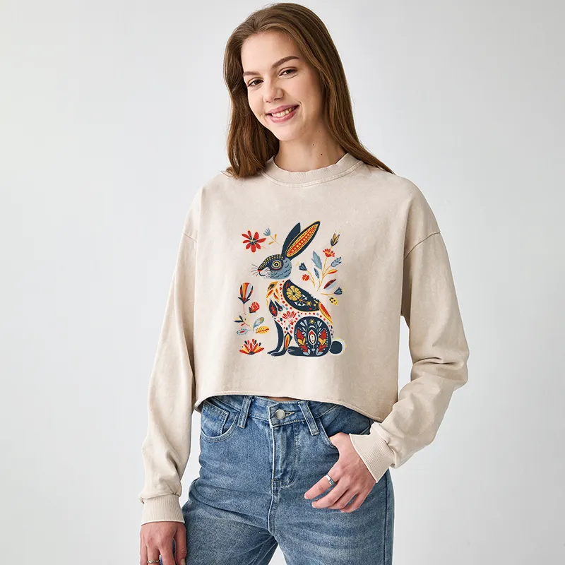 Tokyo-Tiger Folk Hare Bloom Washed Crop Sweatshirt
