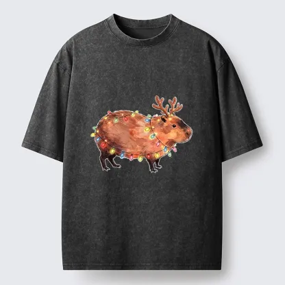 Tokyo‑Tiger Christmas Capybara Glow Washed T‑Shirt
