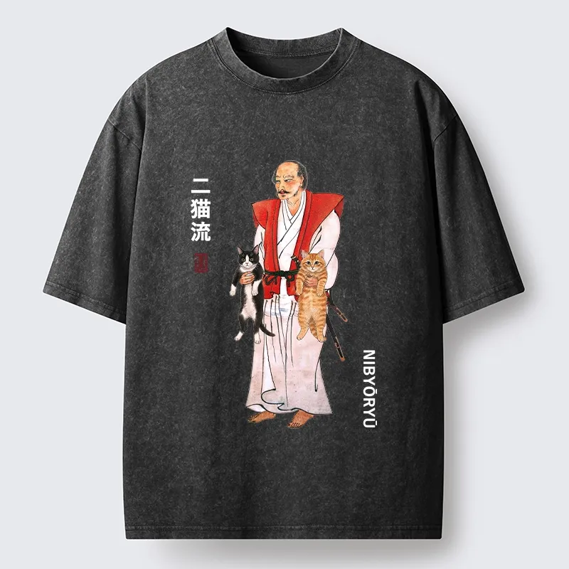 Tokyo‑Tiger Two Cat Samurai Vibe Washed T‑Shirt