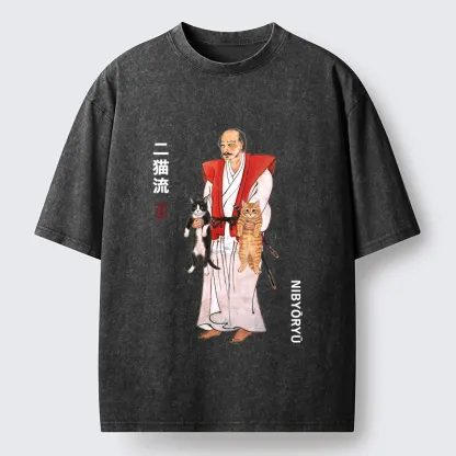 Tokyo‑Tiger Two Cat Samurai Vibe Washed T‑Shirt