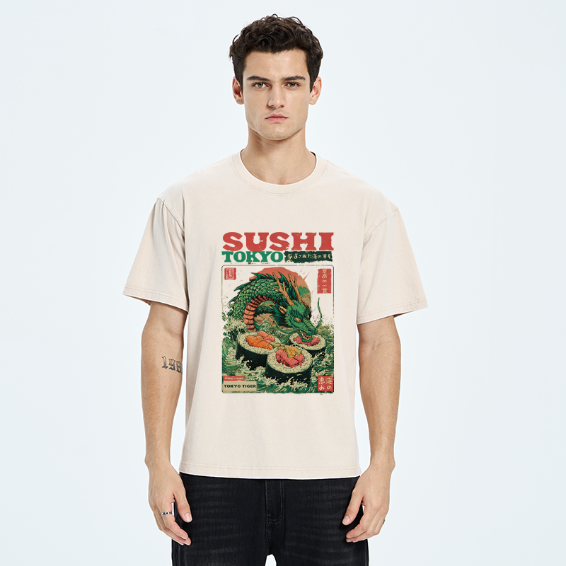 Tokyo-Tiger Ocean Dragon Sushi Washed T-Shirt