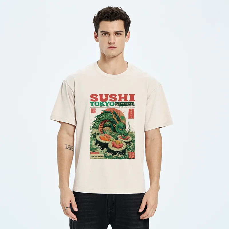 Tokyo-Tiger Ocean Dragon Sushi Washed T-Shirt