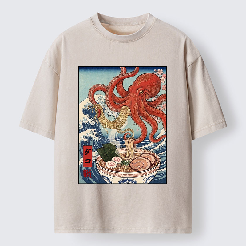 Tokyo-Tiger Octopus Eating Ramen Ukiyo Art Washed T-Shirt