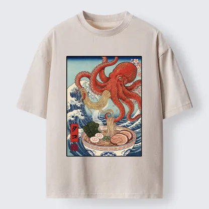 Tokyo-Tiger Octopus Eating Ramen Ukiyo Art Washed T-Shirt