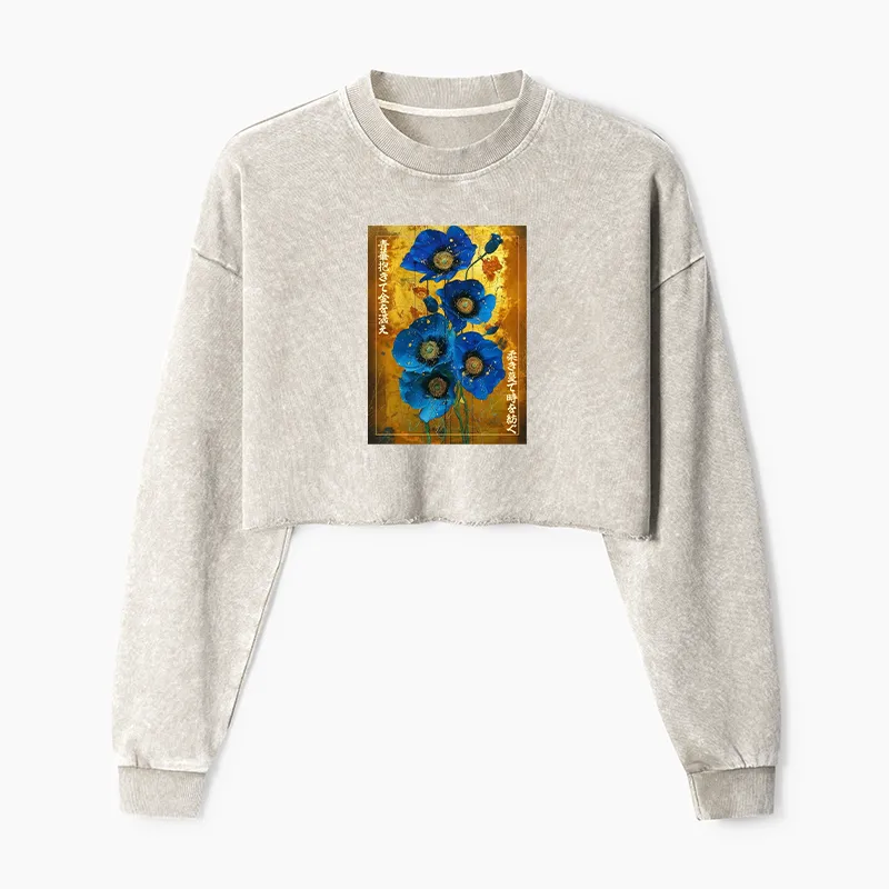Tokyo-Tiger Shiny Blue Flower Warm Golden Background Washed Crop Sweatshirt