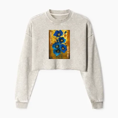 Tokyo-Tiger Shiny Blue Flower Warm Golden Background Washed Crop Sweatshirt