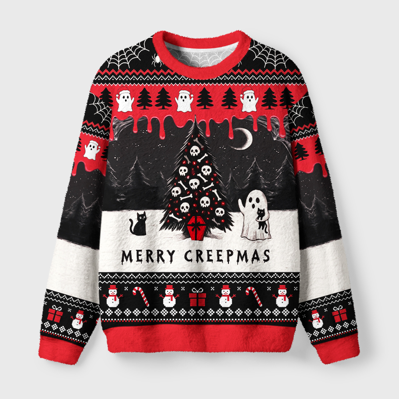 Tokyo-Tiger Cat And Ghostly Skull Christmas Tree Fuzzy Christmas Ugly Sweatshirt