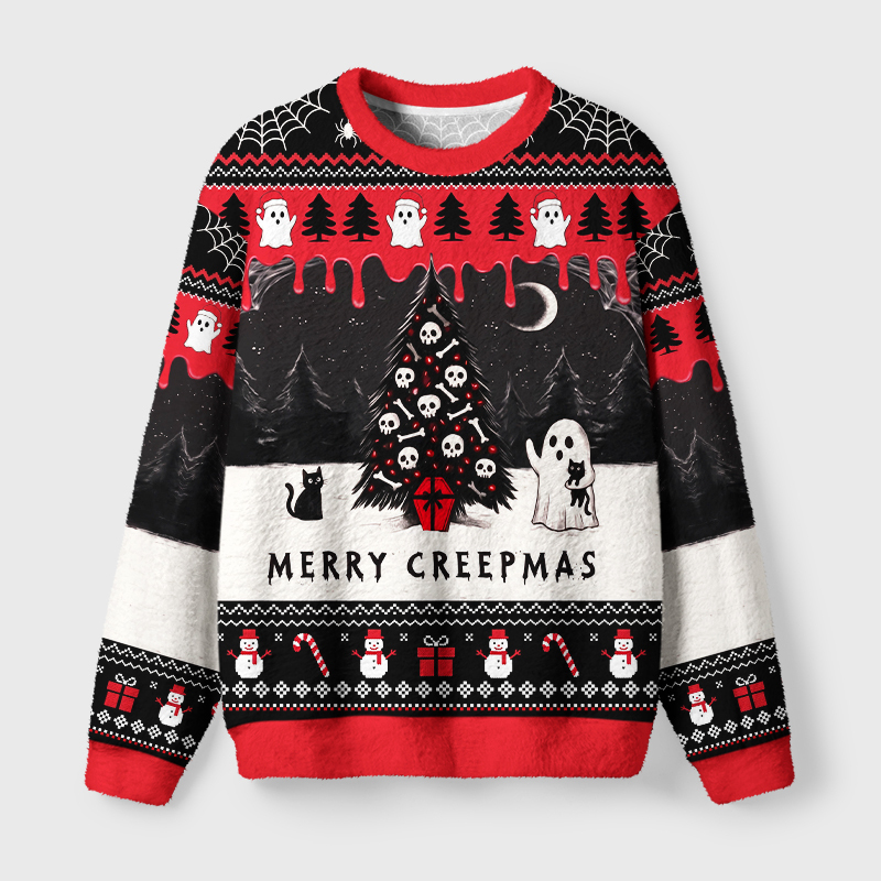 Tokyo-Tiger Cat And Ghostly Skull Christmas Tree Fuzzy Christmas Ugly Sweatshirt