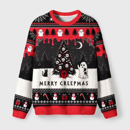 Tokyo-Tiger Cat And Ghostly Skull Christmas Tree Fuzzy Christmas Ugly Sweatshirt