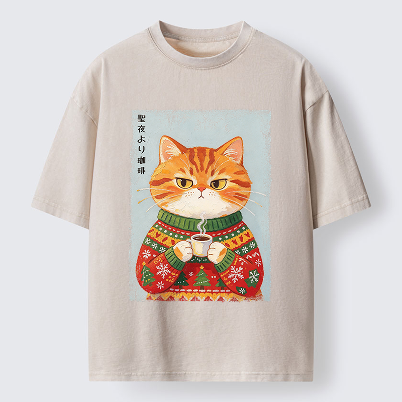 Tokyo-Tiger Christmas Coffee Cat Art Washed T-Shirt