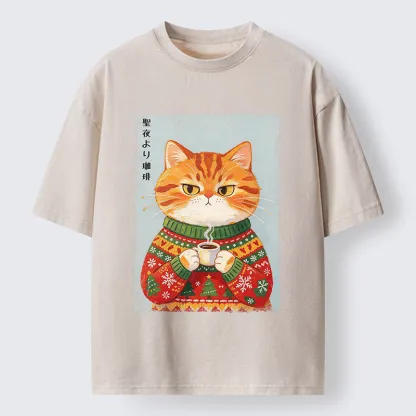 Tokyo-Tiger Christmas Coffee Cat Art Washed T-Shirt