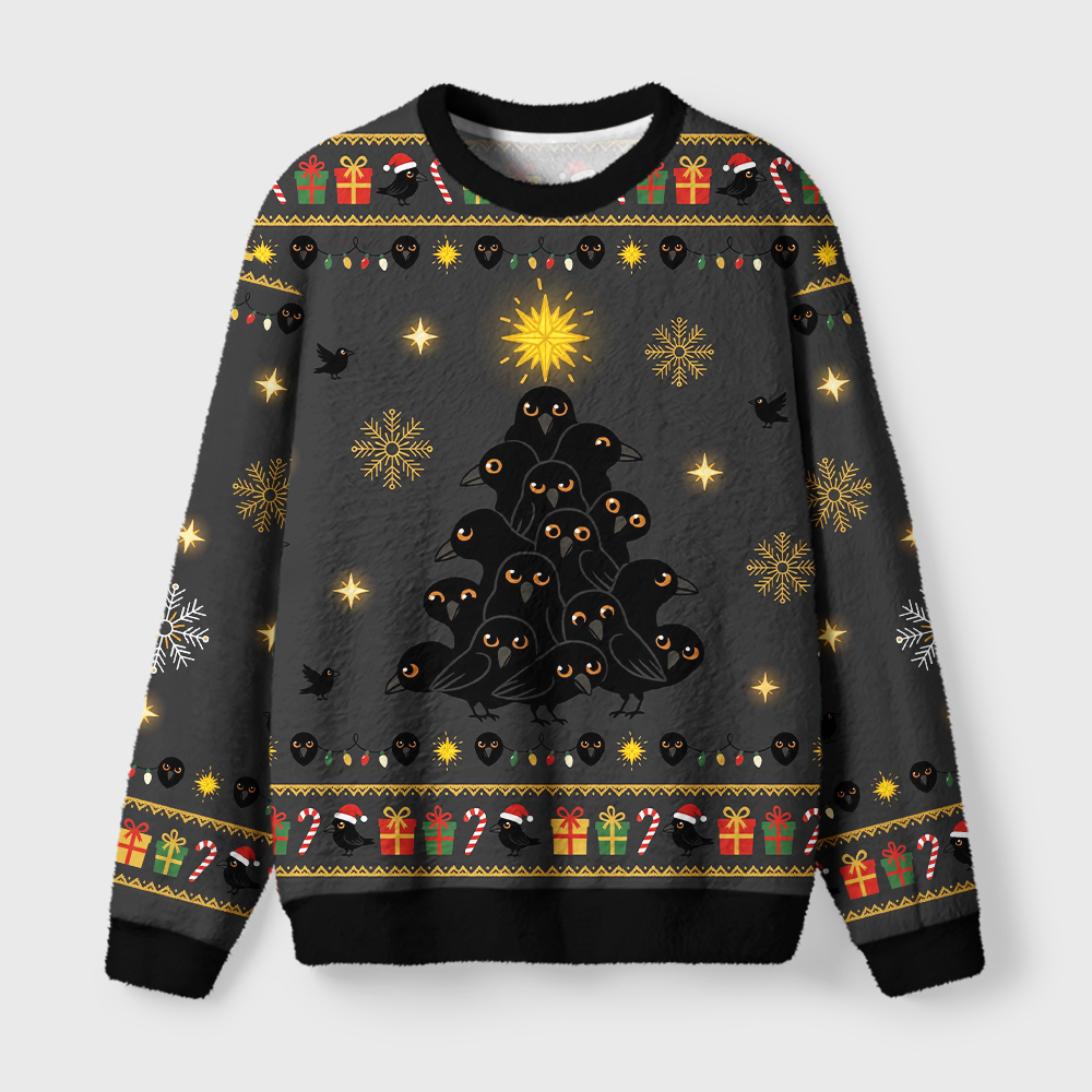 Tokyo-Tiger Crow Christmas Tree Fuzzy Christmas Ugly Sweatshirt
